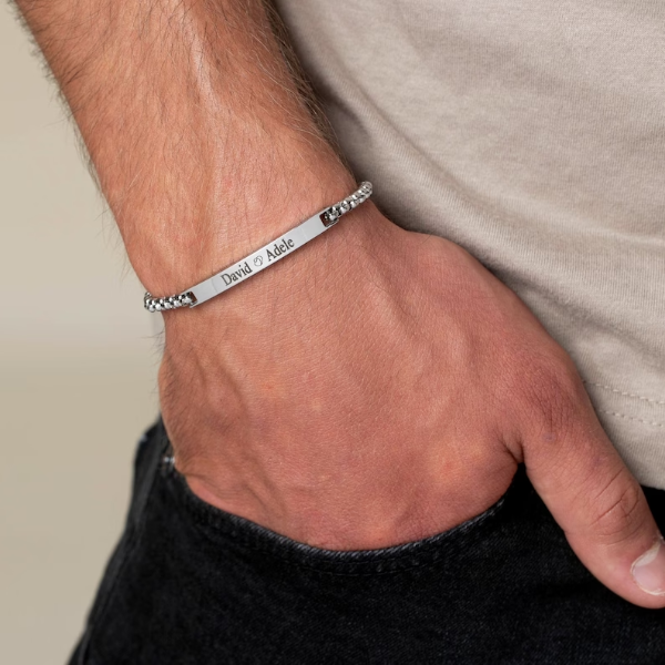 Personalize Silver Bar Engraved Initial Bracelet For Men