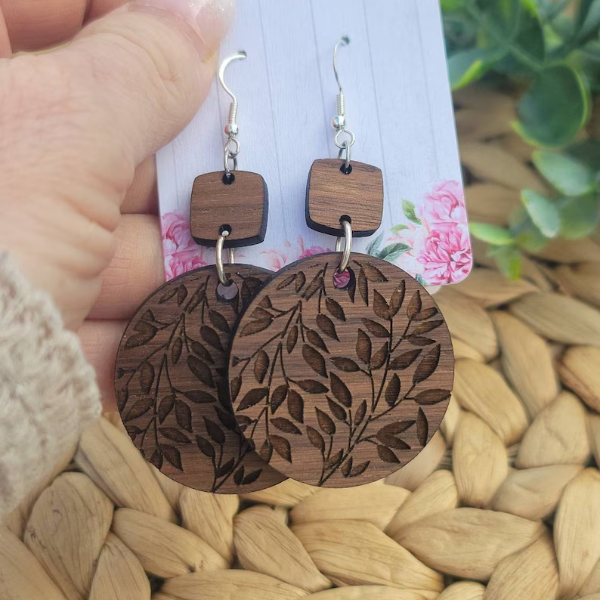 Round Engraved Leaf Circle Wooden Earrings